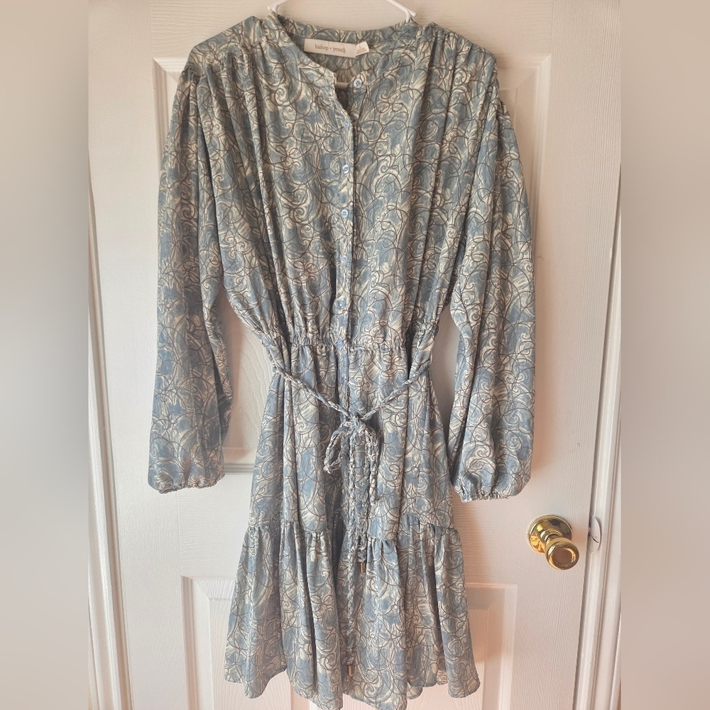 Bishop + Young Blue Gray Dress L Belted‎ Long Sleeve Knee Length Swirl